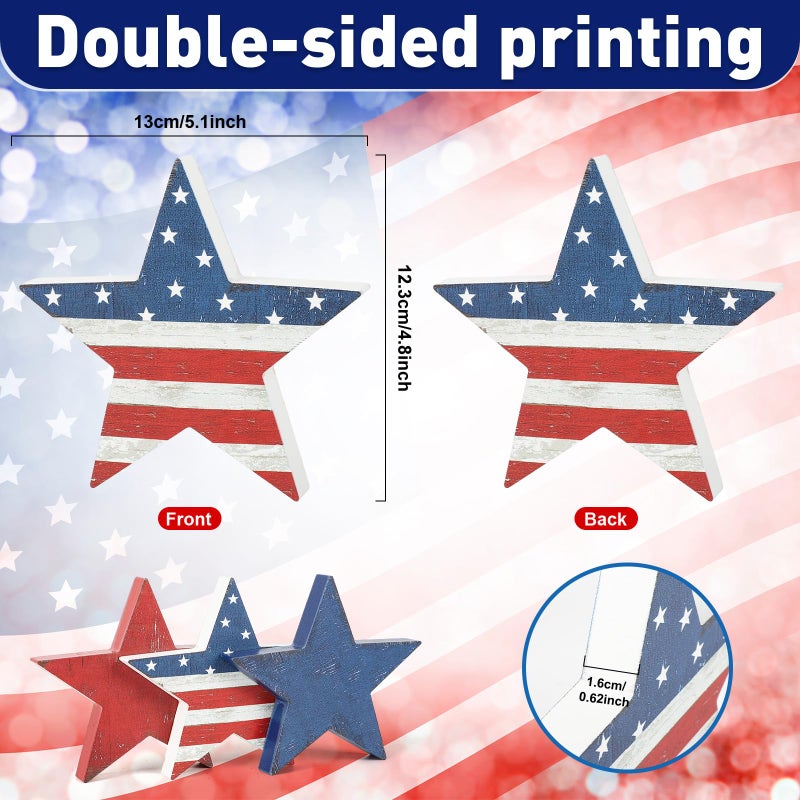 Sereliy 3 Pcs 4th of July Wooden Star Signs,Rustic Memorial Day Tiered Tray Decor, American Patriotic Table Decoration for Home Kitchen (Retro) - Image 2